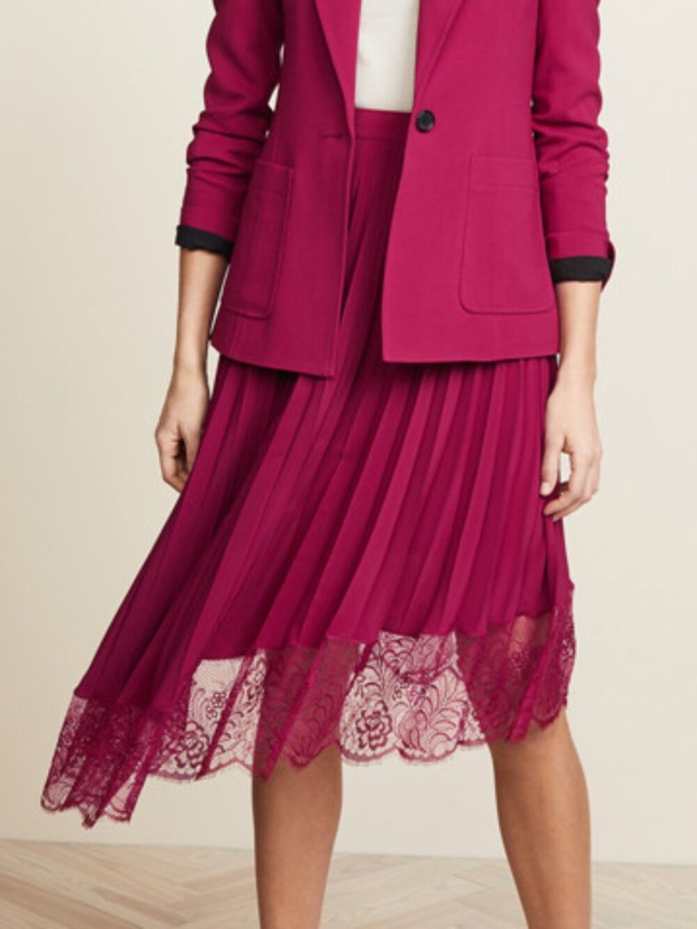 NWT $410 A.L.C. Magenta Claude Accordion Pleated Lace Hem Midi Skirt 4